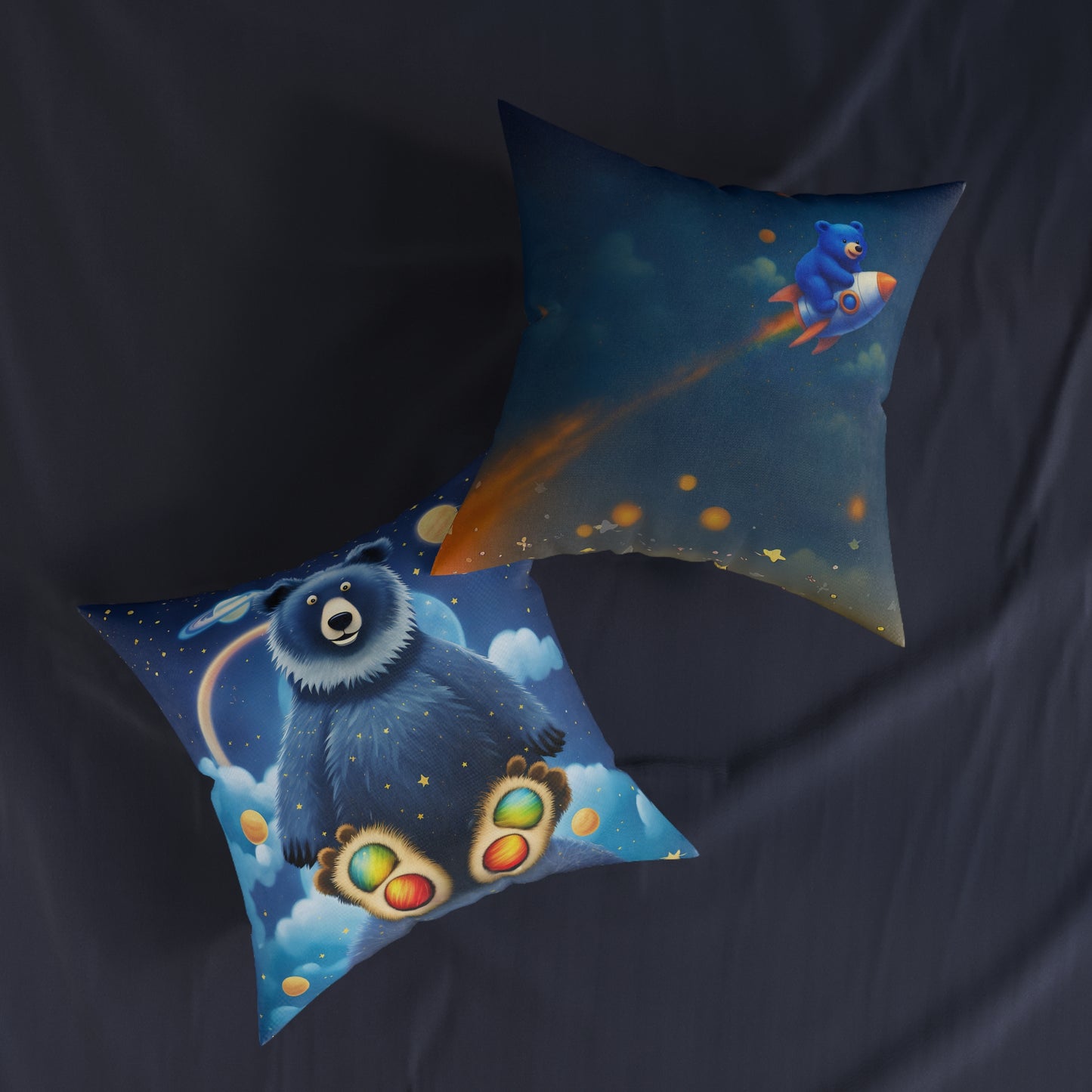 Square Pillow Cosmic Adventure Cushion - Double-Sided Cosmic Bear and Rocket Bear Design