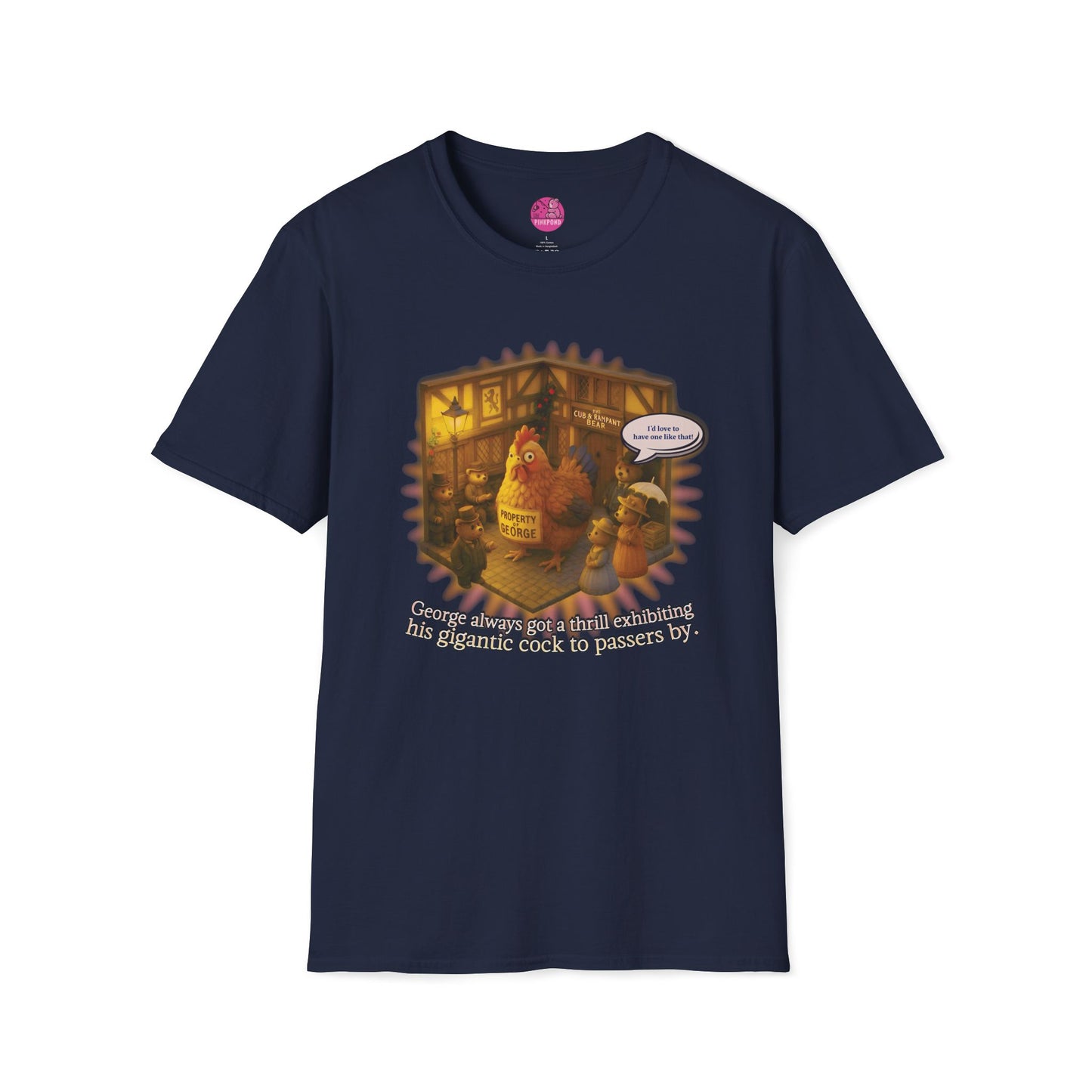Edwardian Village Funny Unisex Softstyle T-Shirt with Oversized Chicken Design