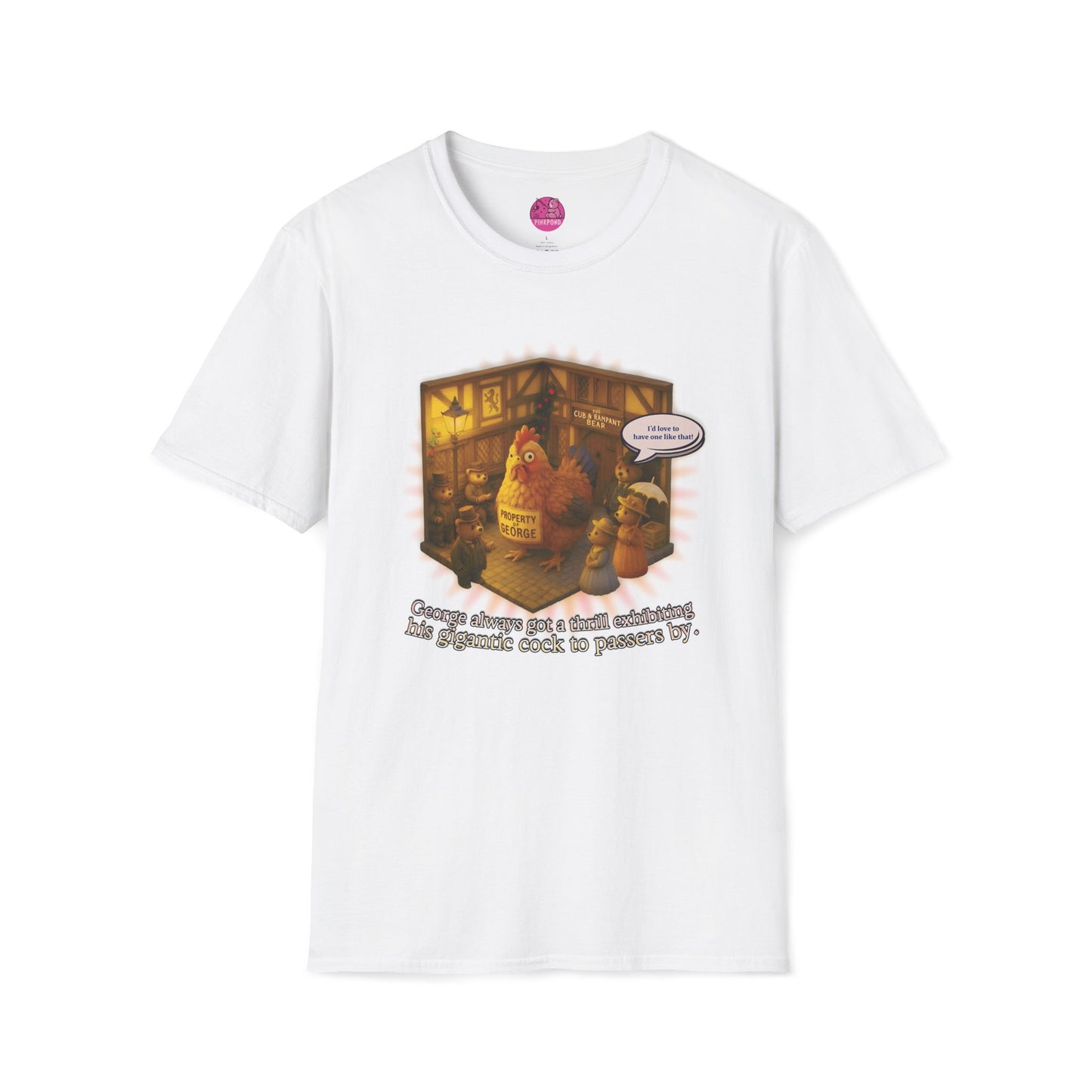 Edwardian Village Funny Unisex Softstyle T-Shirt with Oversized Chicken Design