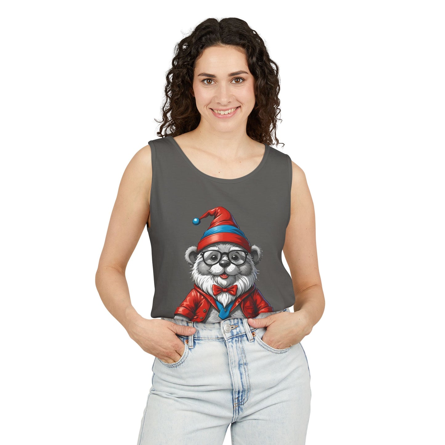 Swiss Gnome Bear Tank Top - Unisex Garment-Dyed Summer Sleeveless Shirt