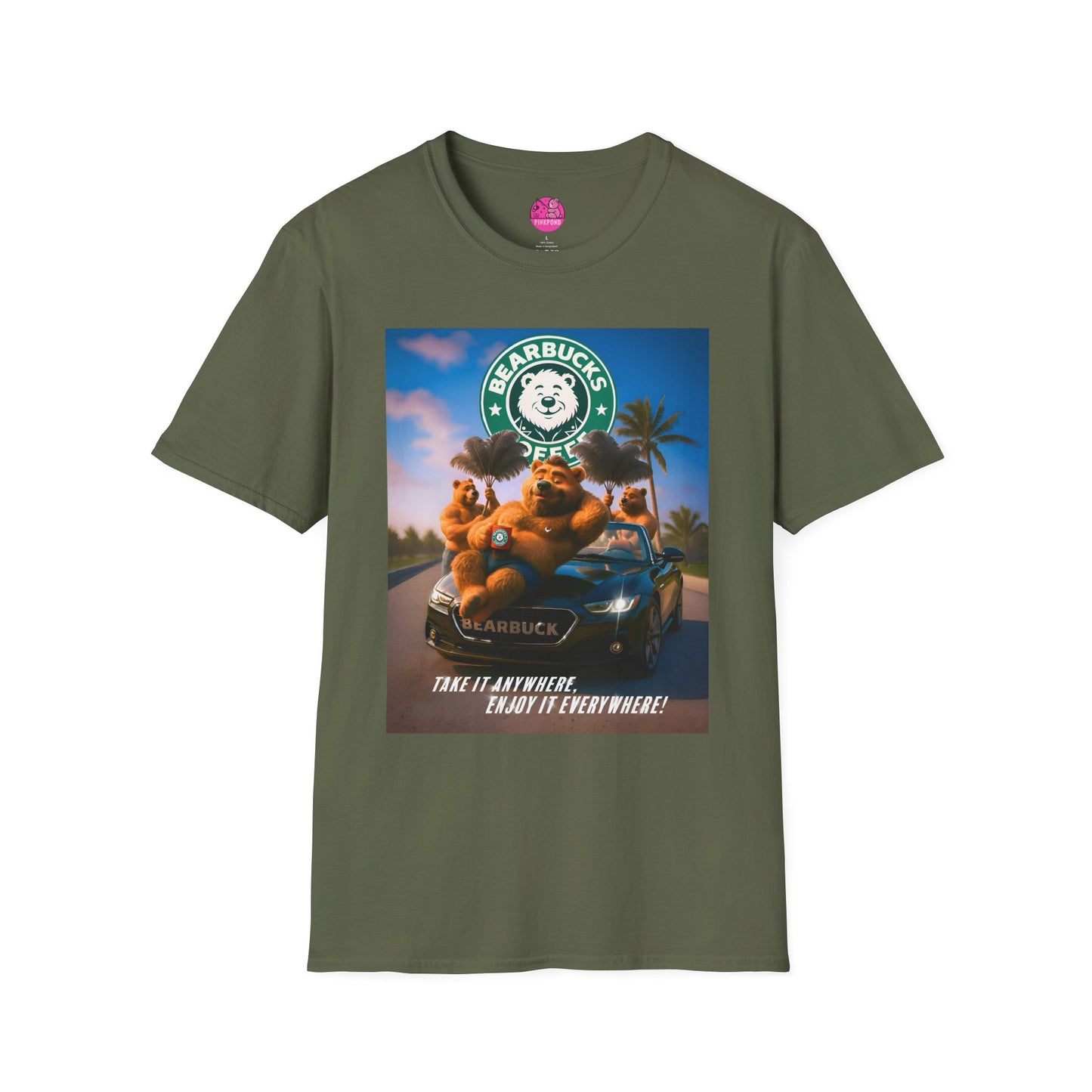 Bearbucks “Enjoy It Everywhere” Tee — Coffee-Loving Bear Convertible Graphic T-Shirt